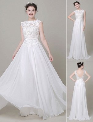 Chiffon Wedding Dress Bateau Lace Satin Sash Floor Length A Line Summer Bridal Dress_1