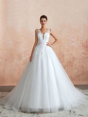 Brautkleid 2021 V-Ausschnitt Prinzessin Ärmellos bodenlangen Tüll Brautkleid mit Zug_5