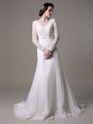 2021 Vintage Lace Wedding Dress A-Line With Long Sleeves Pearls Applique And Chapel Train_1