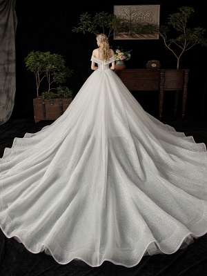 Vestido de novia Vestido de bola 2021 Silueta de princesa Tren de la catedral Fuera del hombro Mangas cortas Cintura natural Con cuentas Vestidos de novia con lentejuelas_2