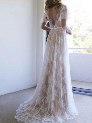 Simple Wedding Dress 2021 V Neck A Line Short Sleeve Deep V Backless Lace Bridal Gowns_1