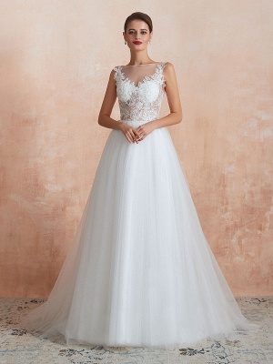 Brautkleid 2021 A Line ärmellose Spitze bodenlangen Tüll Brautkleider mit Zug_4