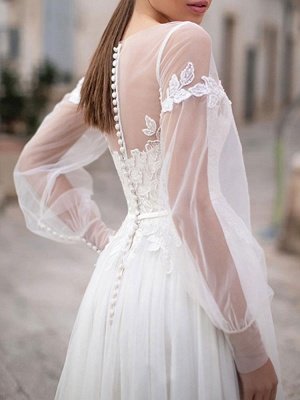 Simple Wedding Dresses 2021 A Line Illusion Neck Long Sleeve Lace Applique Tulle Boho Wedding Gowns_2
