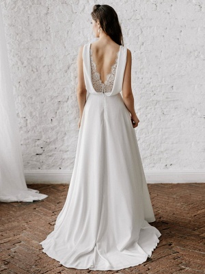 Robe de mariée blanche simple avec train col en V sans manches dos nu dentelle A-ligne robes de mariée en mousseline de soie_3