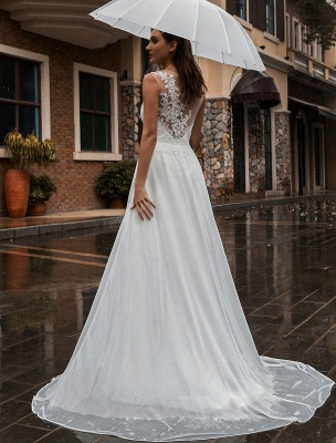 Robe de mariée blanche Illusion décolleté sans manches appliques en mousseline de soie longueur de plancher robes de mariée robe de train_4