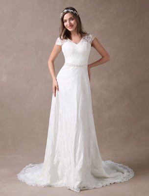 Lace Wedding Dresses Ivory V Neck Chiffon Beading Sash Cap Sleeve Bridal Dress With Train Exclusive_3