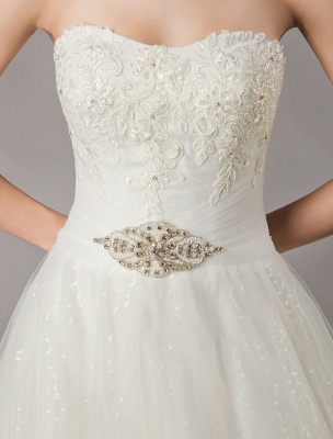 Wedding Dresses Ivory Strapless Lace Beaded Chapel Train Bridal Gowns_8