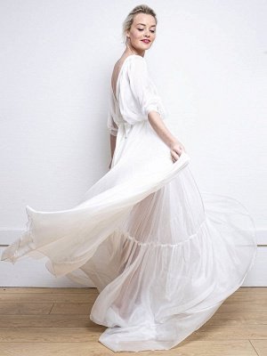 White Simple Wedding Dress A-Line V-Neck Half Sleeves Backless Tulle Satin Fabric Long Bridal Gowns_8