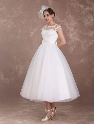 Vestidos de novia cortos Vestido de novia de los años 50 Vintage con espalda abierta Lunares Marfil Una línea Longitud de té Vestido de recepción de boda Exclusivo_3
