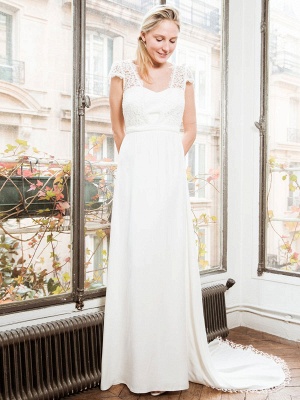 Robe de mariée simple blanche A-ligne sans bretelles dos nu manches courtes dentelle satin tissu longues robes de mariée_1