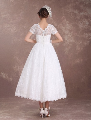 Lace Wedding Dresses Short Sleeve 1950'S Vintage Bridal Dress Sweetheart Illusion Ivory A Line Tea Length Wedding Reception Dress Exclusive_8