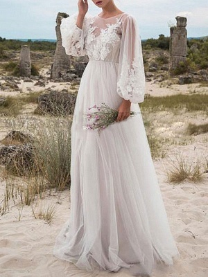 Boho A Line Tulle Wedding Dress Jewel Neck Long Sleeves Lace Bridal Dresses_1