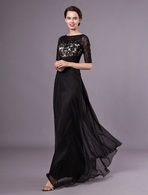 Robes de soirée noires demi-manches dentelle perles en mousseline de soie longues robes formelles robe d'invité de mariage_4