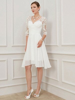 Ivory Short Wedding Dress Knee Length V Neck Half Sleeves A Line Natural Waist Chiffon Bridal Dresses_5