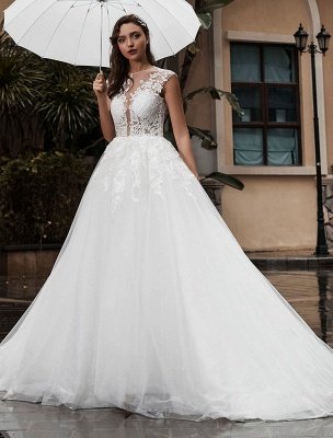 Pricess Wedding Dress Lace Bodice Tulle Satin Fabric Sweep Train Applique Wedding Gown Exclusive_1