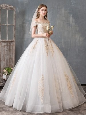 Robes de mariée 2021 robe de bal hors épaule dentelle dorée appliqued étage longueur robe de mariée_2