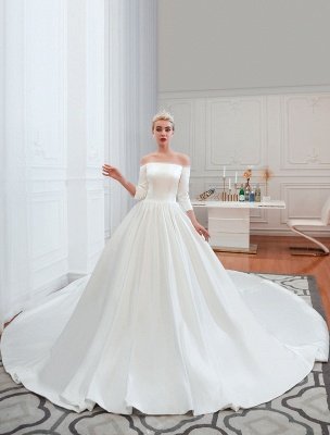 Robe de mariée vintage 2021 Satin manches 3/4 hors de l'épaule longueur de plancher robes de mariée avec train chapelle_6