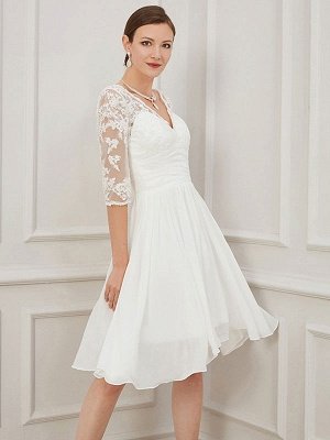 Ivory Short Wedding Dress Knee Length V Neck Half Sleeves A Line Natural Waist Chiffon Bridal Dresses_2