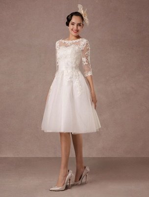 Short Wedding Dress Vintage Lace Applique Long Sleeves Tea Length A Line Tulle Bridal Gown With Flower Sash Exclusive_4