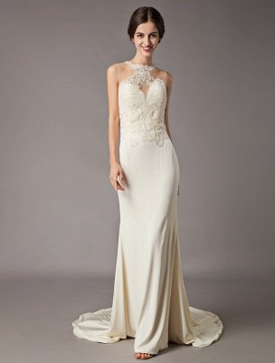 Wedding Dresses Ivory Lace Sleeveless Illusion Sheath Column Bridal Gowns With Train_3
