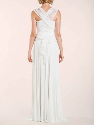 Einfache Brautkleider Mantel V-Ausschnitt Ärmellos Plissee Bodenlangen Mit Zug Spitze Brautkleider_6