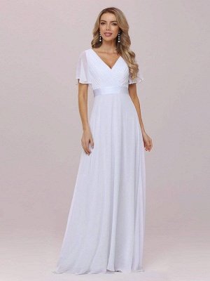 Simple Wedding Dress Chiffon V-Neck Short Sleeves Backless A-Line Long Bridal Gowns_6