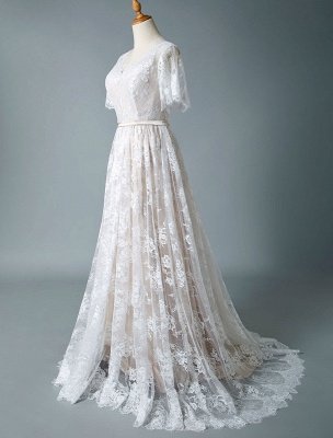 Einfaches Hochzeitskleid 2021 V-Ausschnitt A-Linie Kurzarm Tiefes V Backless Lace Brautkleider_5