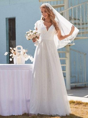 White Simple Wedding Dress Lace V-Neck Short Sleeves Backless Ruffles A-Line Natural Waist Long Bridal Gowns_3