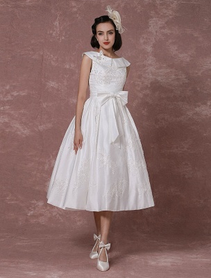 Robe de mariée vintage Satin courte robe de mariée dentelle perles thé longueur réception robe de mariée détachable nœud ceinture exclusif_2
