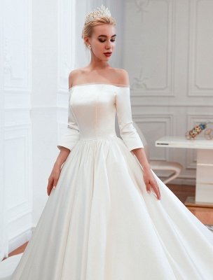 Vintage Wedding Dress 2021 Satin 3/4 Sleeve Off The Shoulder Floor Length Bridal Gowns With Chapel Train_4