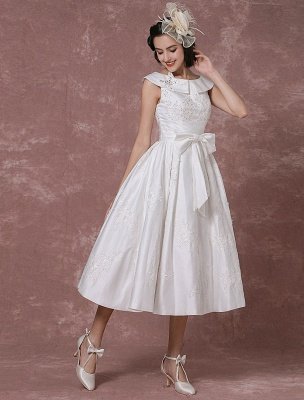 Robe de mariée vintage Satin courte robe de mariée dentelle perles thé longueur réception robe de mariée détachable nœud ceinture exclusif_5