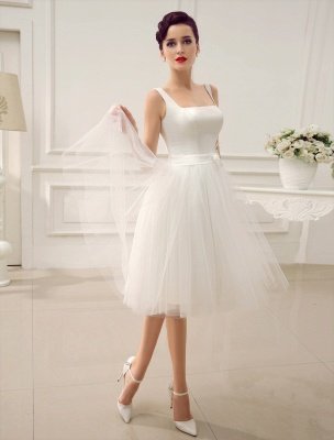 Simple Wedding Dresses Satin Square Neck Applique Short Bridal Dress With Beading Bow Sash Exclusive_3