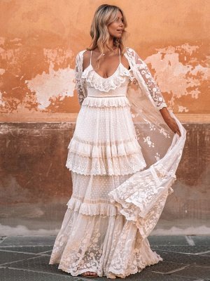 Vestido de novia boho traje 2021 con cuello en V hasta el suelo vestido de novia de múltiples capas de encaje vestido y atuendo_2