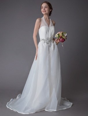 Ivory Wedding Jumpsuits Halter V Neck Rhinestones Backless Culottes Bridal Dress Exclusive_7
