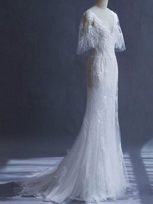 Wedding Dresses 2021 Sheath Sihouette Half Sleeve V Neck Floor Length Bamboo Leaf Lace Bridal Gown_5