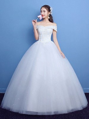 Robe de bal robe de mariée princesse silhouette parole longueur bateau cou manches courtes appliques tulle robes de mariée_1