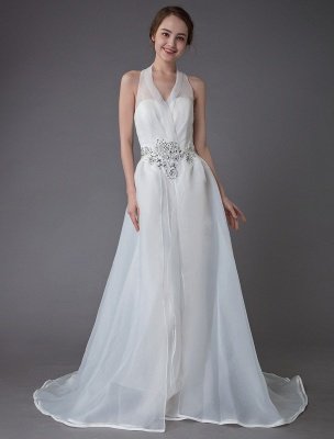 Ivory Wedding Jumpsuits Halter V Neck Rhinestones Backless Culottes Bridal Dress Exclusive_2