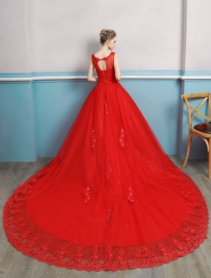 Robes de mariée rouges en dentelle appliques perlées princesse robes de bal train robe de mariée_3