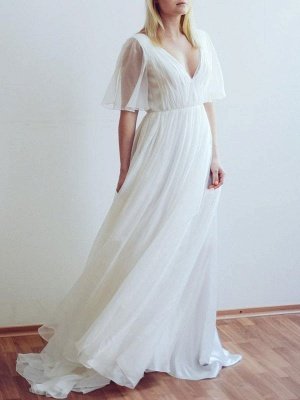 Simple Wedding Dress V Neck Half Sleeves Pleated A Line Floor Length Bridal Dresses_2