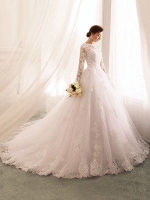 Wedding Dresses 2021 Princess Silhouette Bateau Neck Long Sleeve Natural Waist Lace Tulle Bridal Gowns_1