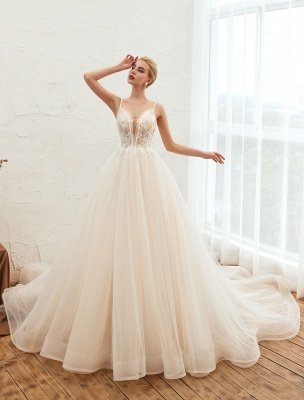 Wedding Dress 2021 A Line V Neck Sleeveless Natural Waist With Train Tulle Bridal Gowns_2