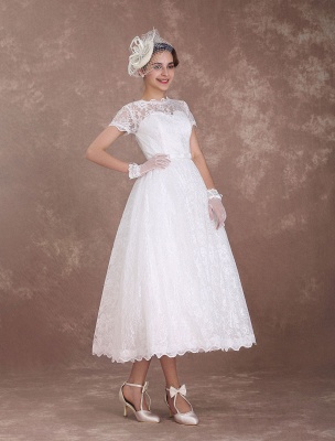 Lace Wedding Dresses Short Sleeve 1950'S Vintage Bridal Dress Sweetheart Illusion Ivory A Line Tea Length Wedding Reception Dress Exclusive_5