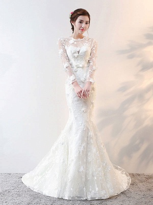 Wedding Dresses Long Sleeve Mermaid Flowers Applique Bows Ivory Bridal Dress With Train_2