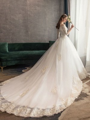 Prinzessin-Hochzeitskleider-Elfenbein-Spitze-Applikation-Schulterfrei-Halbarm-Brautkleid-Mit-Zug_5