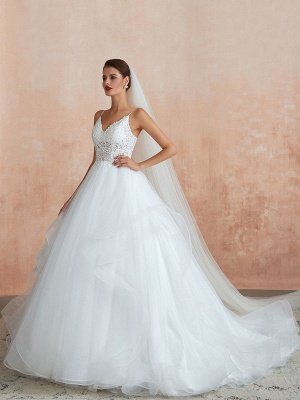Ball Gown Wedding Dress 2021 Princess Straps Neck Sleeveless Natural Waist Studded Tulle Bridal Gowns With Train_1