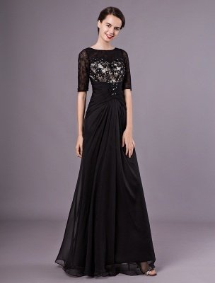 Robes de soirée noires demi-manches dentelle perles en mousseline de soie longues robes formelles robe d'invité de mariage_1