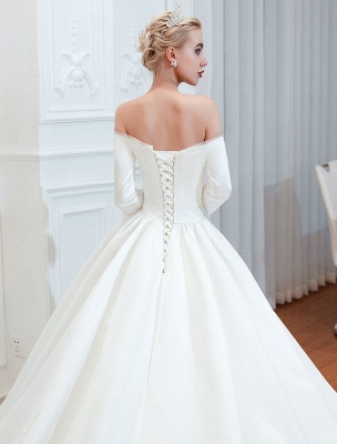Vintage Wedding Dress 2021 Satin 3/4 Sleeve Off The Shoulder Floor Length Bridal Gowns With Chapel Train_5