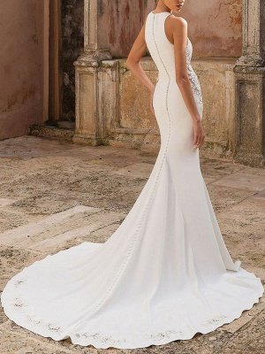 Simple Wedding Dress Lycra Spandex Jewel Neck Sleeveless Lace Mermaid Bridal Dresses_2