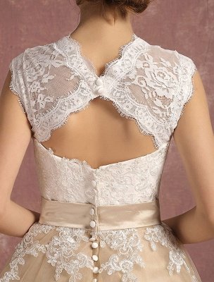 Vintage Wedding Dress Short Champagne Lace Applique Bridal Gown Queen Anne Neck Keyhole Bridal Dress Tea Length Exclusive_10