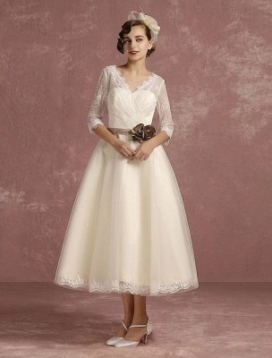 Vintage Wedding Dress Short Lace Tulle Bridal Dress Half Sleeve V Neck Backless A Line Flower Sash Tea Length Bridal Gown Exclusive_2